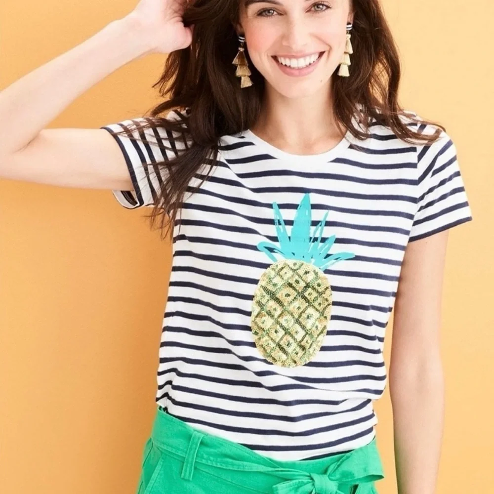 J.CREW Striped Sequin Pineapple T-Shirt - Picture 1 of 4
